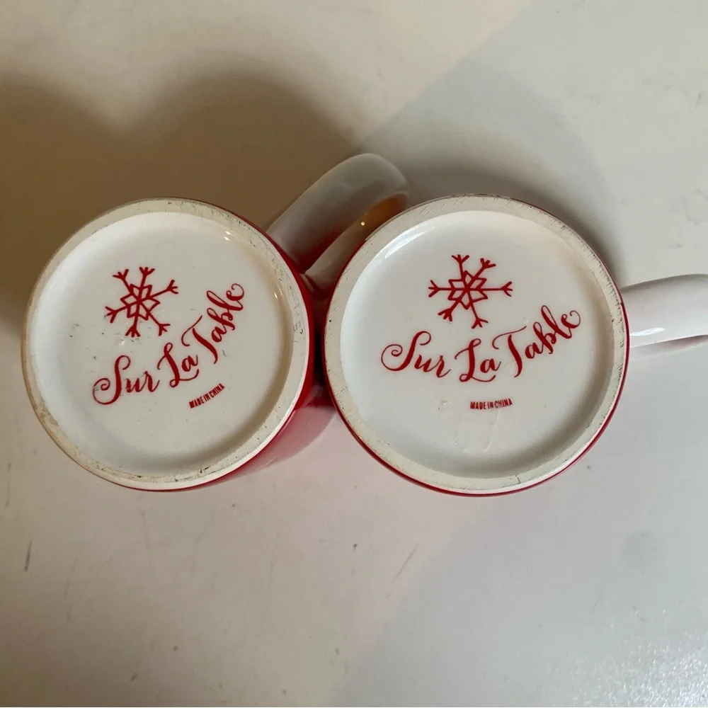 Set Of 2 Small Sur La Table Snowman & Reindeer Mugs 3.25” Height